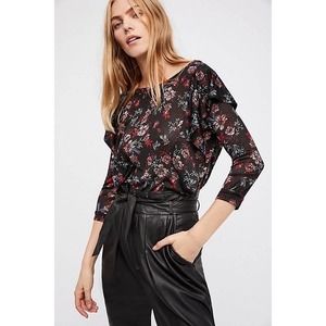 Free People | Black Red floral Sheer Dock Street Blouse Size Medium
